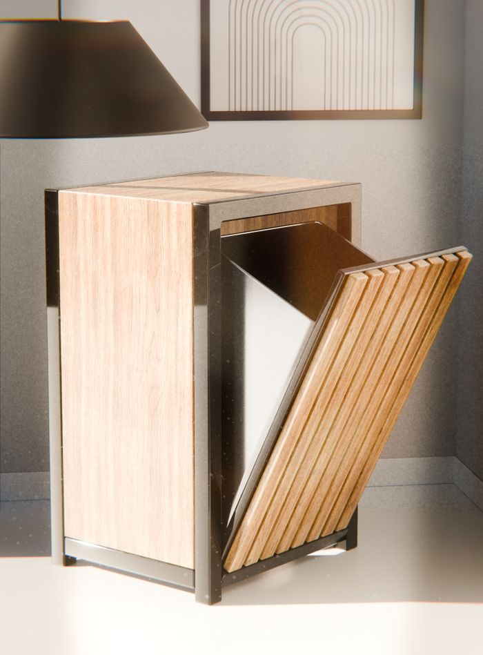 Stylish wooden and metal bin with a minimalist aesthetic, perfect for modern interiors.